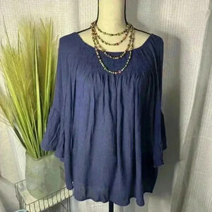 Chicos Women’s 2 US L Blue On or Off Shoulder Smocked Bell 3/4 Sleeve Tunic Top